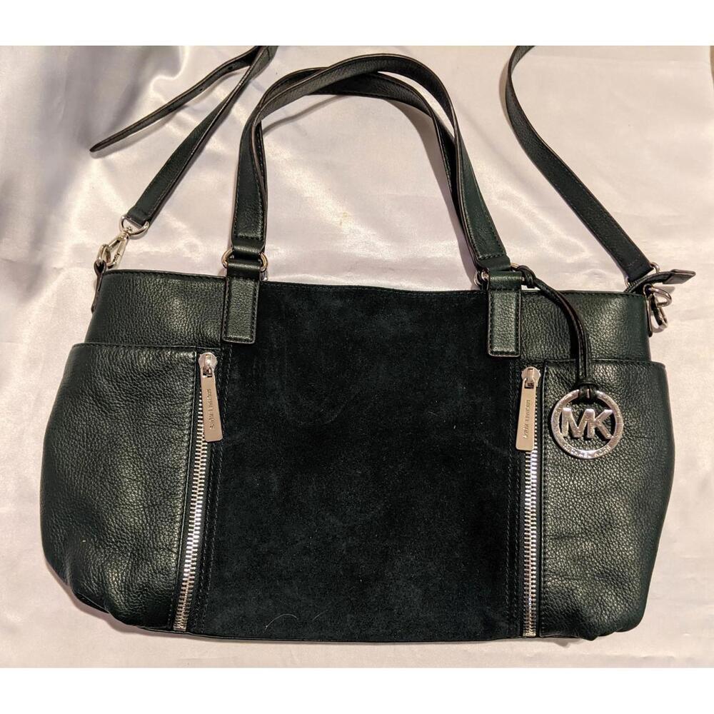 Michael Kors Dark Green Pebbled Leather and Suede Satchel Tote Zipper Detail EUC - Picture 1 of 13